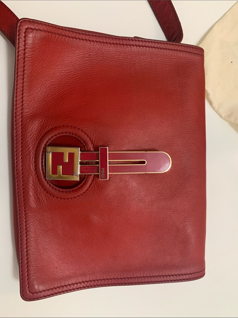 Fendi Red Leather Shoulder Bag with Gold-Tone FF Buckle